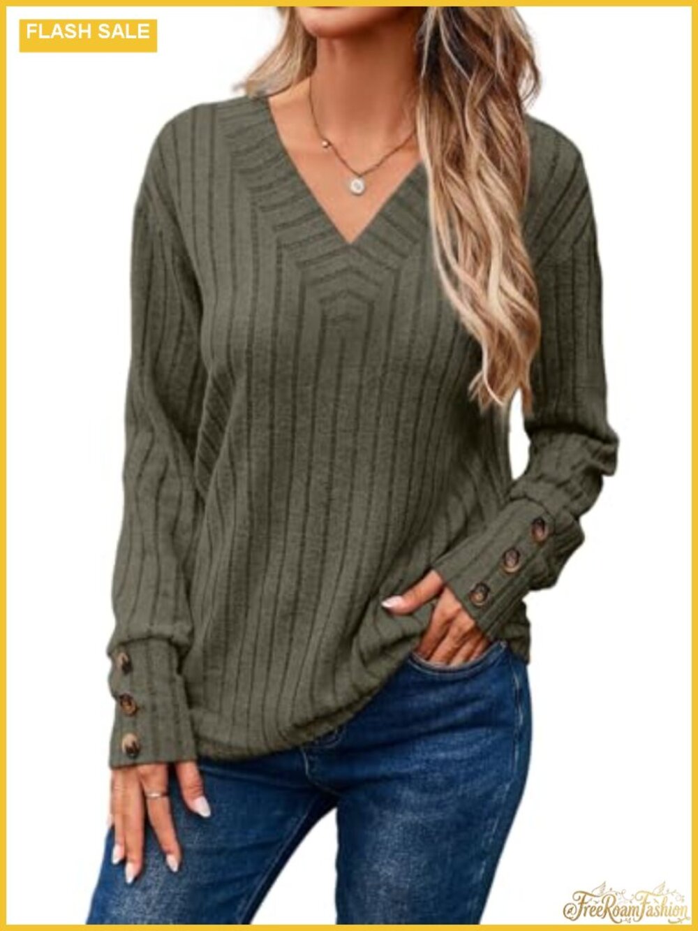 Womens V-Neck Knit Long Sleeve Pullover Sweater Tunic Top Casual